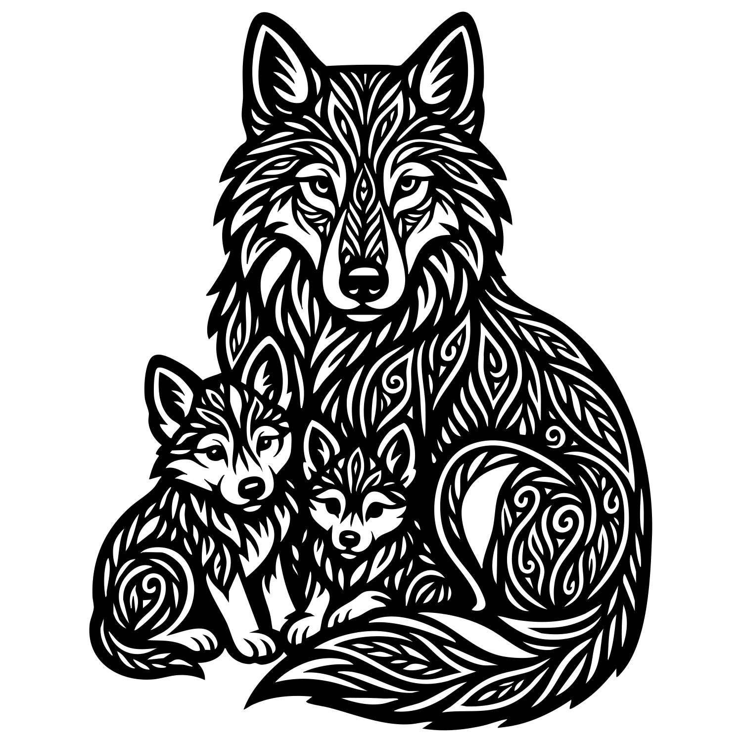 Zentangle Wolf Family DXF File – CNC Cutting Design | AWWOLF180