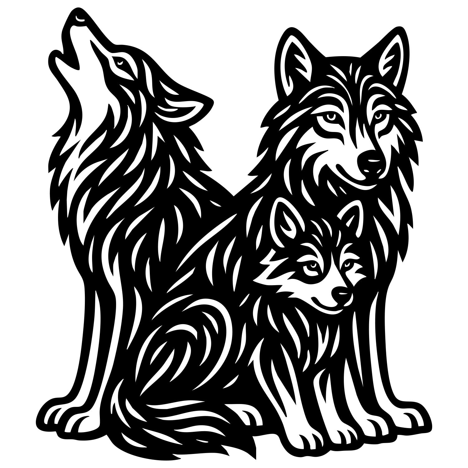 Zentangle Wolf Family DXF File – CNC Cutting Design | AWWOLF190